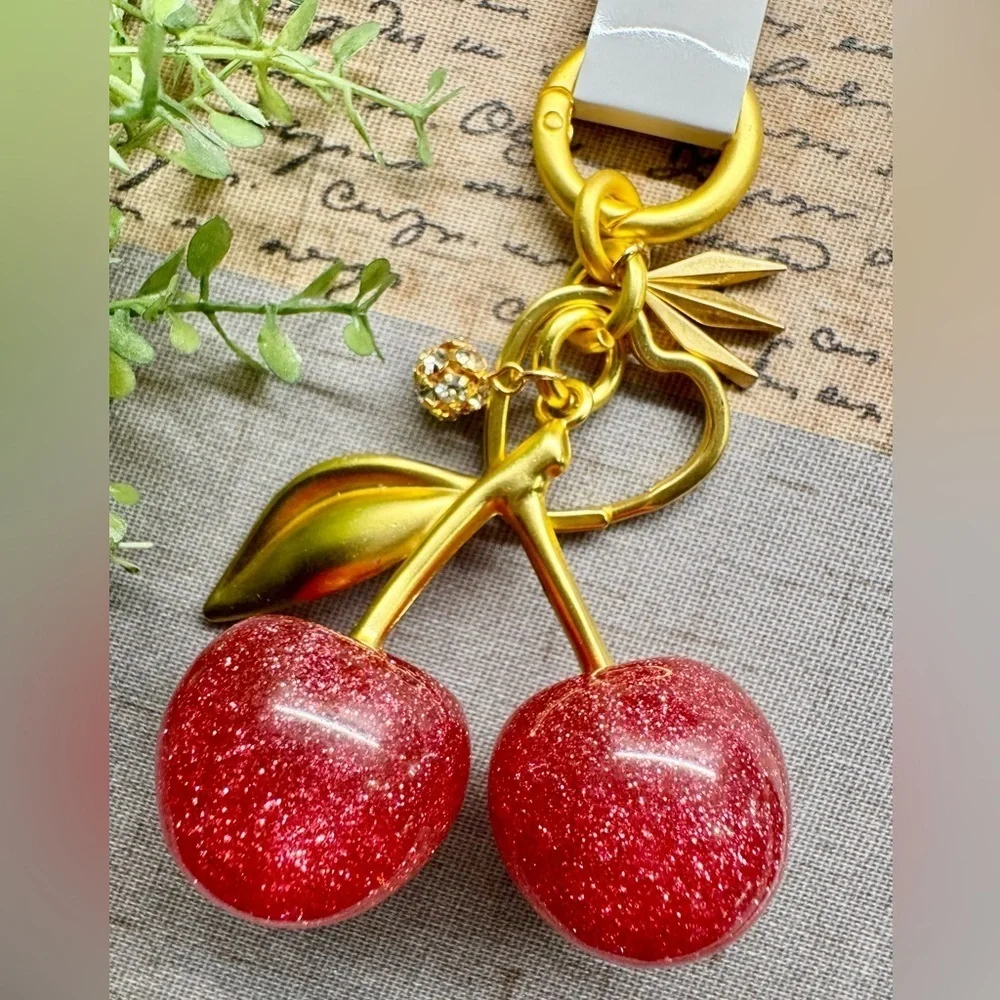 New Pink Glitter Cherry Gold Tone Purse Charm Keychain w/ Crystal Accent - 4”